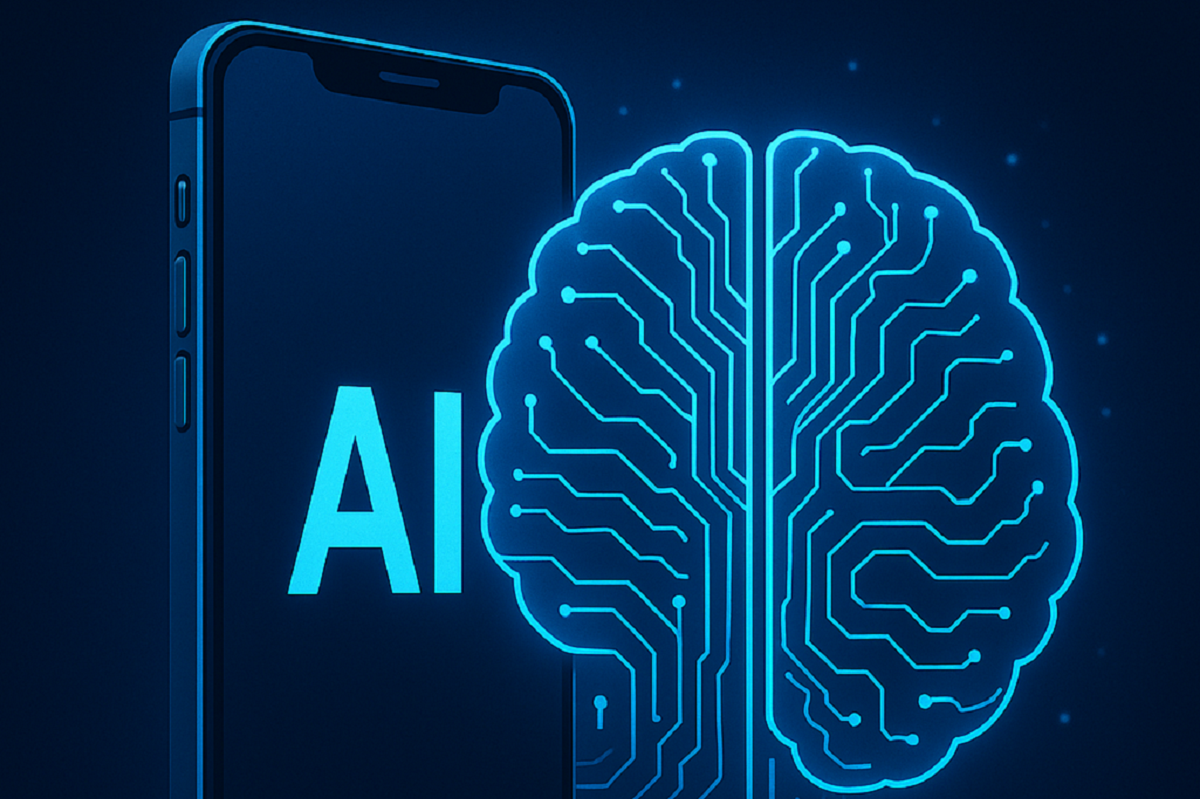Digital illustration of a modern smartphone labeled "AI" connected to a glowing blue brain made of circuitry, symbolizing artificial intelligence features in smartphones for 2025.