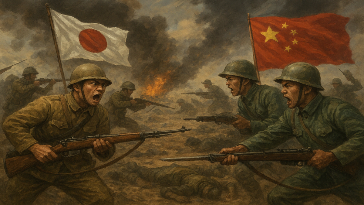 Japan vs China war illustration showing soldiers facing off amid battlefield smoke and flags