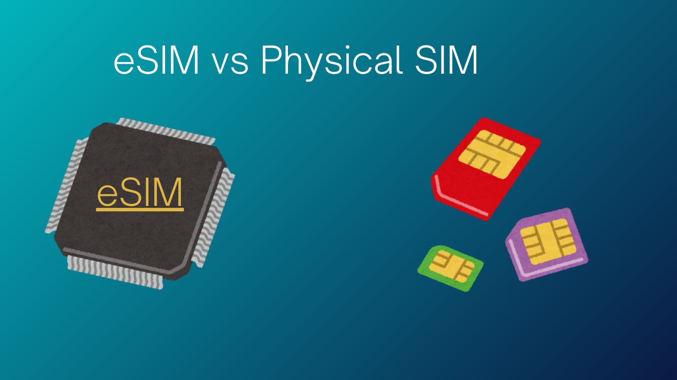 Illustration comparing an eSIM, depicted as a black chip (integrated circuit) with pins and the word 'eSIM' in yellow, and several colored physical SIM cards (red, purple, and green/yellow) showing their gold contact chips. eSIM vs Physical SIM