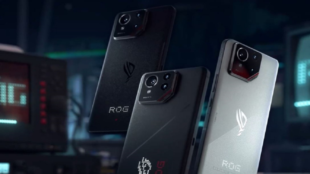 Three ASUS ROG Phone 9 Pro gaming smartphones displayed from the back in black and silver finishes, with distinctive camera bumps and ROG branding.
