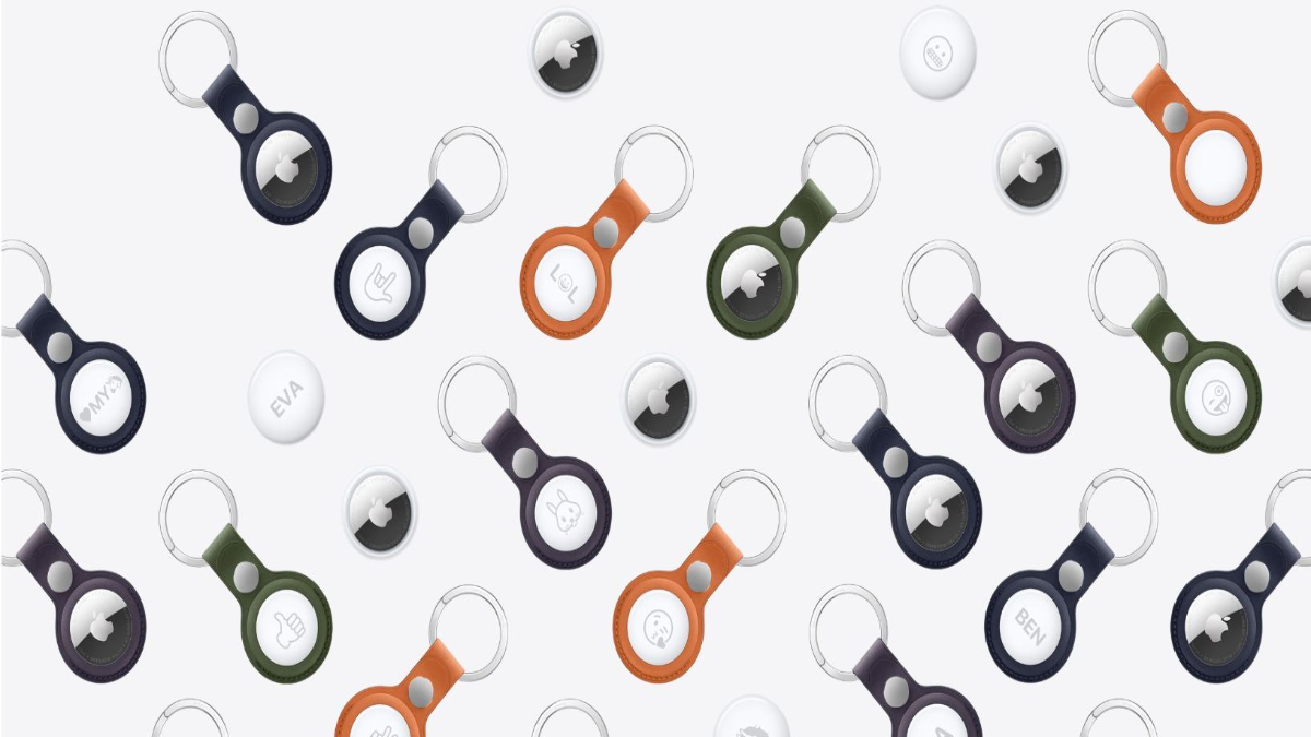 Apple AirTag 2nd generation with colorful key ring accessories and personalized engravings displayed together