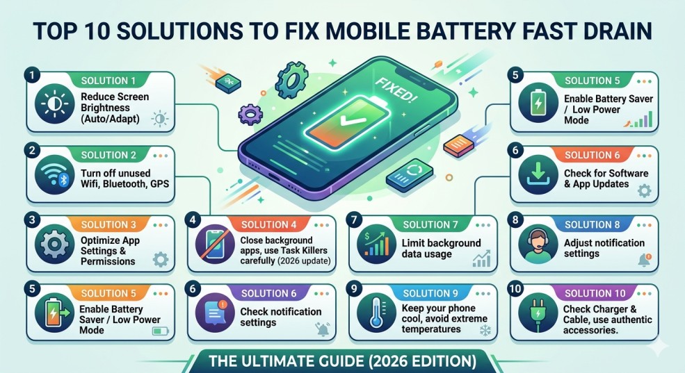 An infographic titled "Top 10 Solutions to Fix Mobile Battery Fast Drain (2026 Edition)" showing a smartphone with a full green battery icon. The image features ten numbered panels with icons and text describing battery-saving tips like reducing brightness, turning off unused connections, and enabling power saver mode.