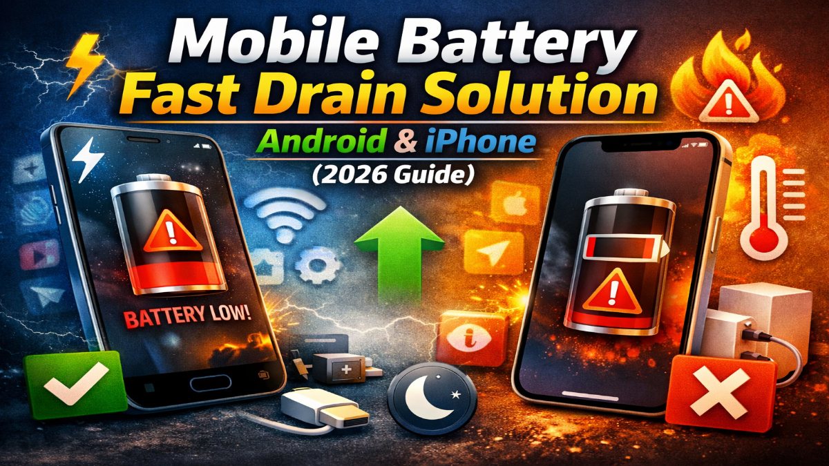 Mobile Battery Fast Drain Solution – Android & iPhone (2026 Guide) featuring low battery icons on smartphones with tips for saving battery life