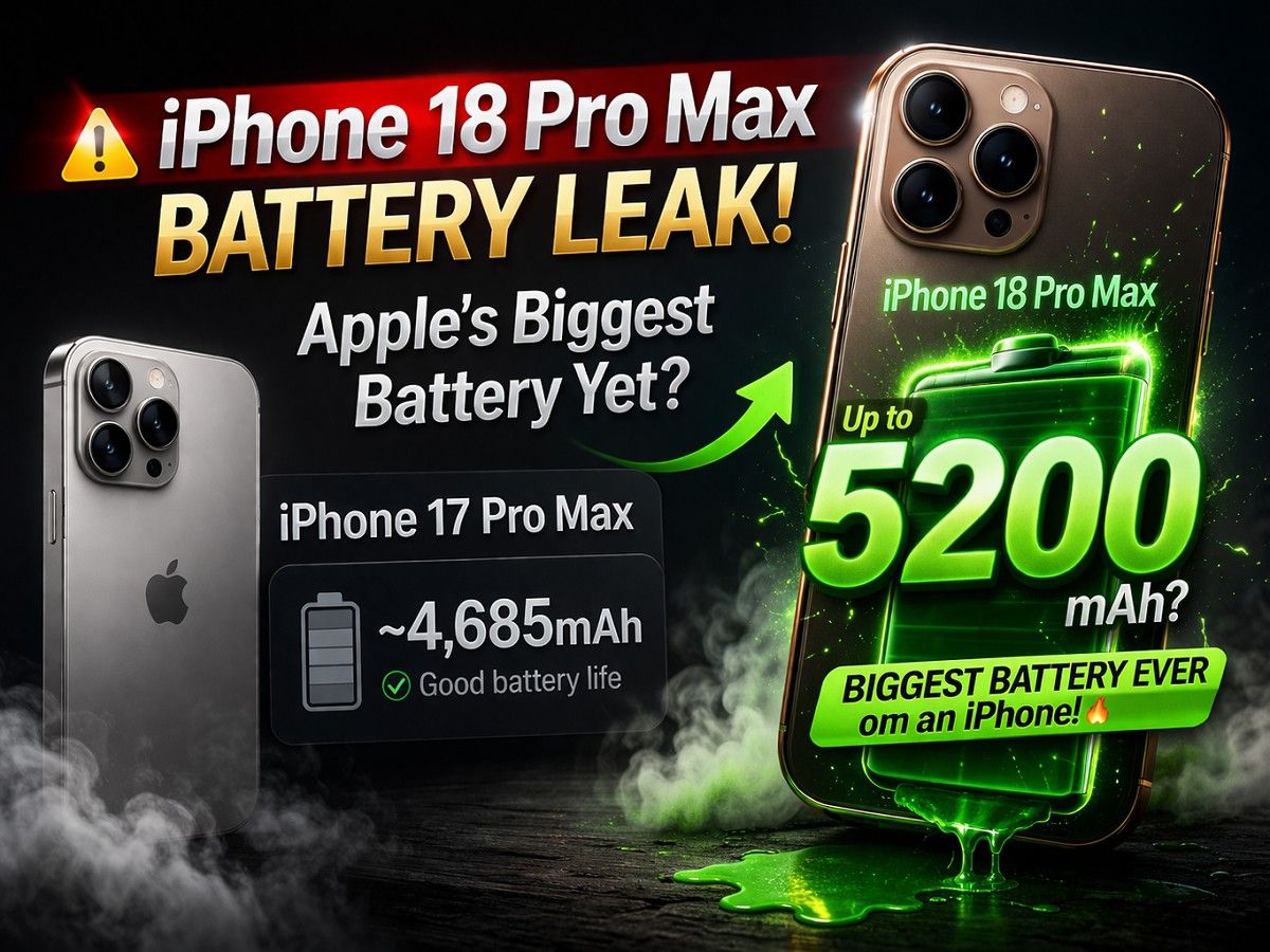 iPhone 18 Pro Max battery leak showing 5200mAh compared to iPhone 17 Pro Max 4685mAh battery upgrade.
