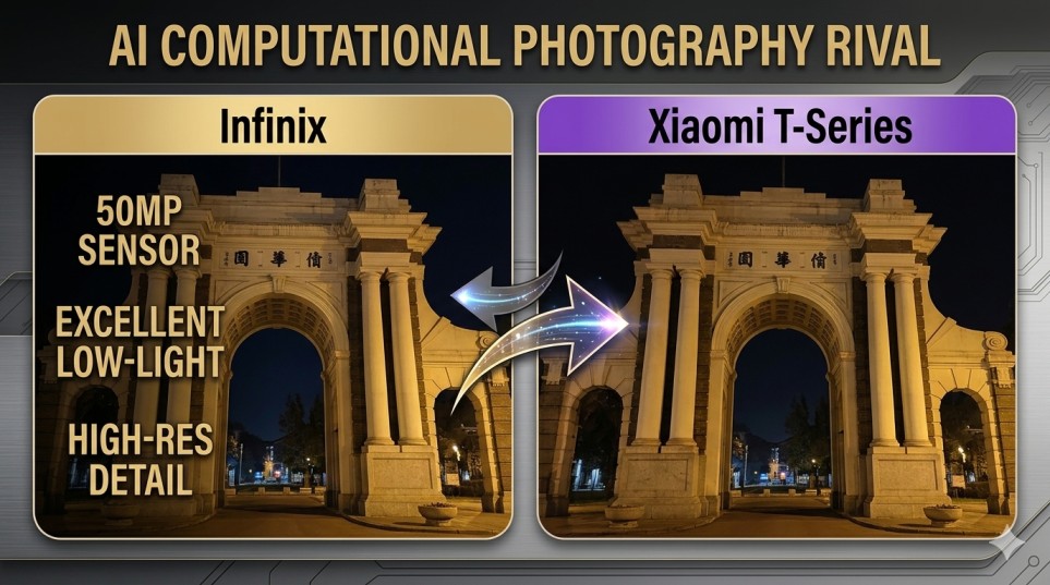 Side-by-side low-light camera comparison between Infinix Note 60 Pro and Xiaomi T-Series.