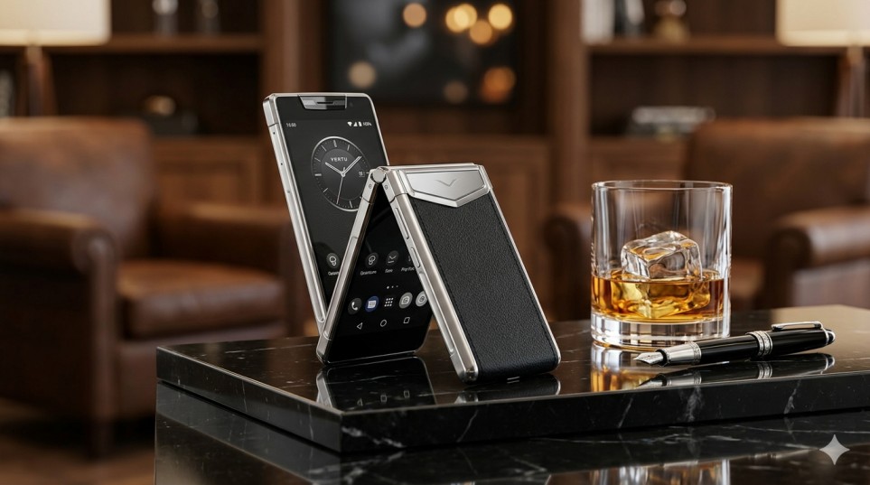 A Vertu Quantum Flip smartphone in Cyber Silver and black leather, resting open at a 110-degree angle on a black marble plinth next to a glass of whiskey and a fountain pen.