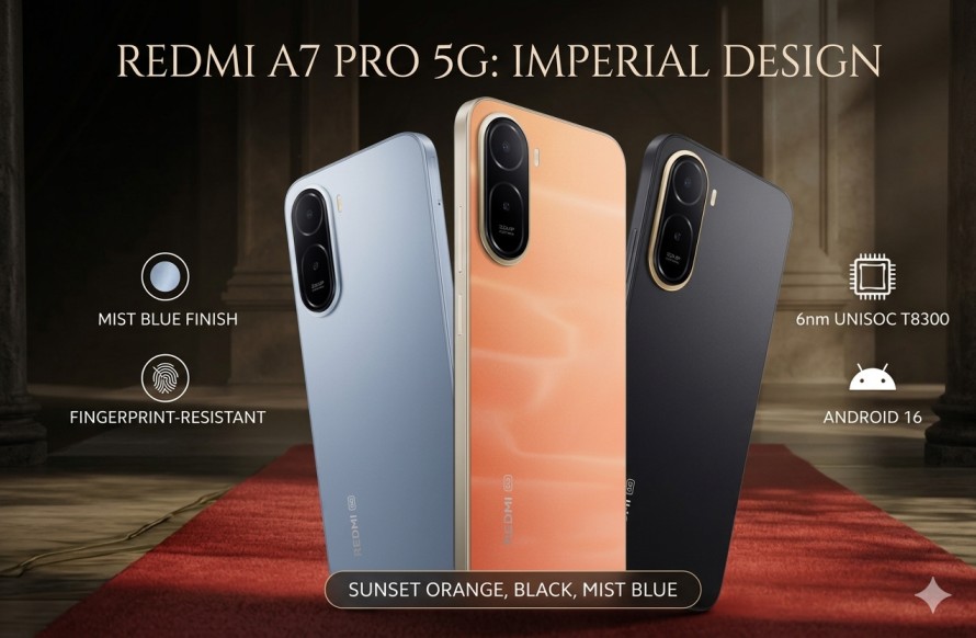 Redmi A7 Pro 5G full specifications and price comparison table 2026 for India and Nepal with Sunset Orange and Mist Blue color options.