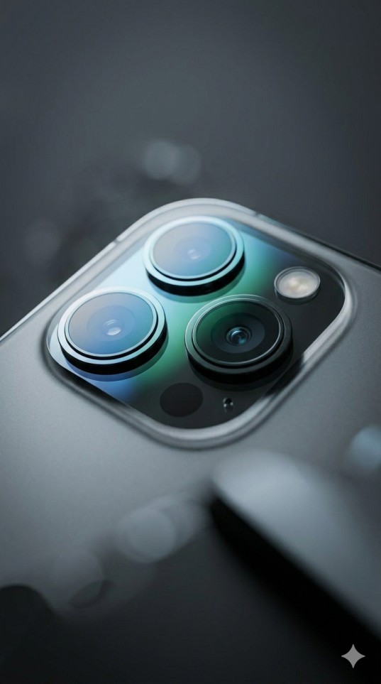 Close-up of a triple-lens camera module on a grey matte finish smartphone.