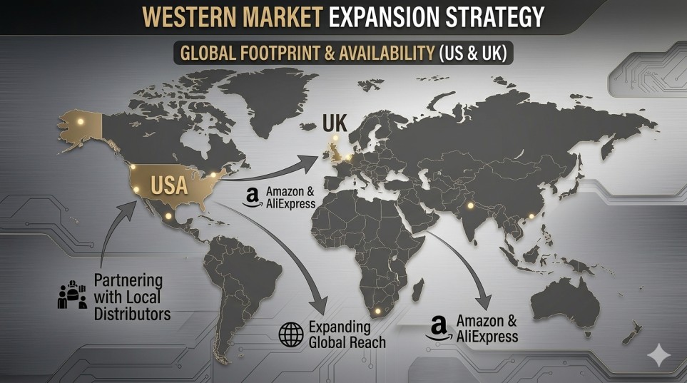 Global map showing Infinix expansion and availability in USA and UK markets via Amazon and AliExpress.