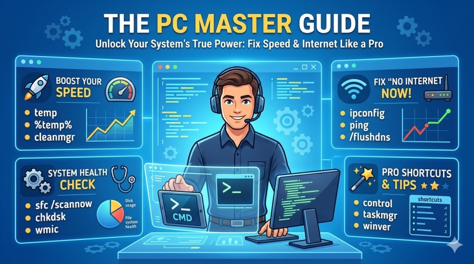 A professional PC Master Guide banner featuring an IT technician with digital windows displaying CMD commands for speed, internet, and system health.