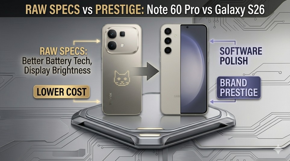 Comparison graphic of Infinix Note 60 Pro hardware vs Samsung Galaxy S26 brand prestige.