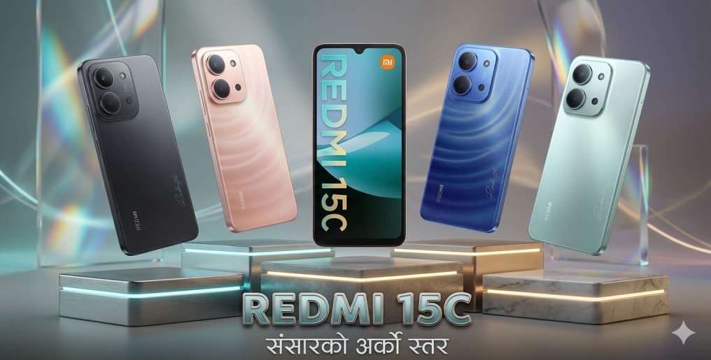 A high-end promotional graphic for the Redmi 15C featuring five smartphones in various colors (Black, Rose Gold, Mint Green, and Blue) displayed on glowing futuristic pedestals with premium lighting effects.