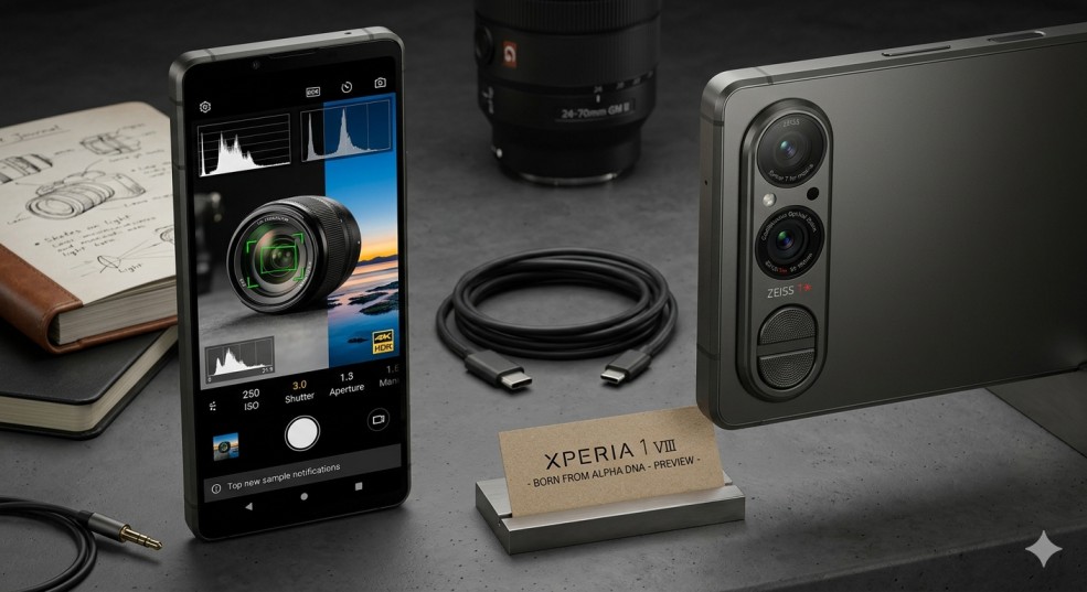 A professional concept showcase of the Sony Xperia 1 VIII featuring a titanium finish, advanced triple-lens camera system with Zeiss T coating, and a 21:9 4K display running a pro-camera interface with a manual histogram and ISO settings.