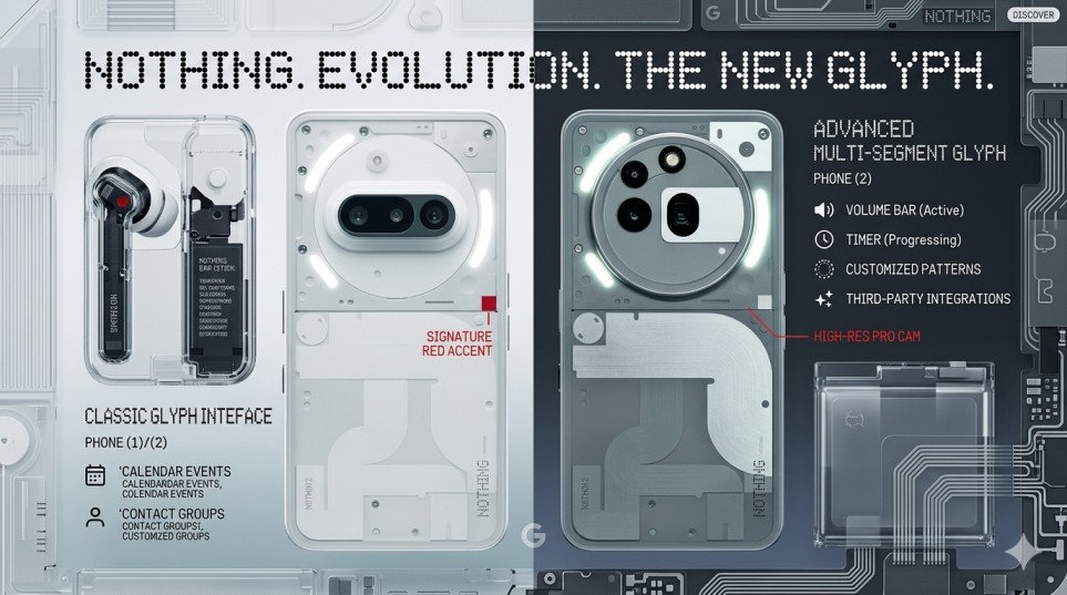 Nothing Phone evolution and new Glyph Interface feature infographic 2026.