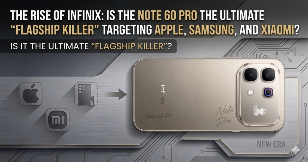 Infinix Note 60 Pro flagship killer feature image comparing with Apple, Samsung and Xiaomi logos.