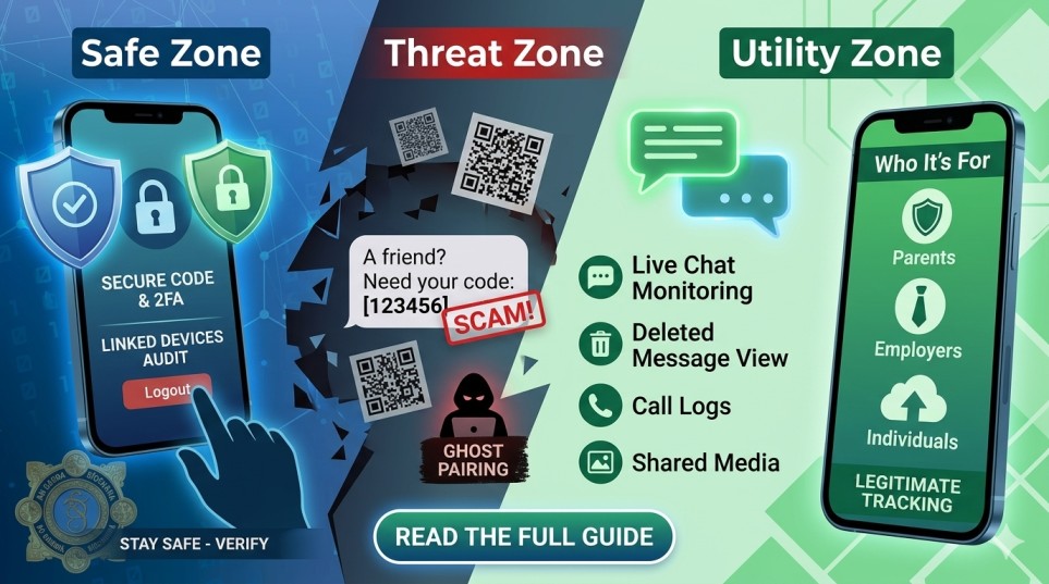 Infographic showing WhatsApp Safe Zone with 2FA, Threat Zone with ghost pairing scams, and Utility Zone for legitimate tracking.
