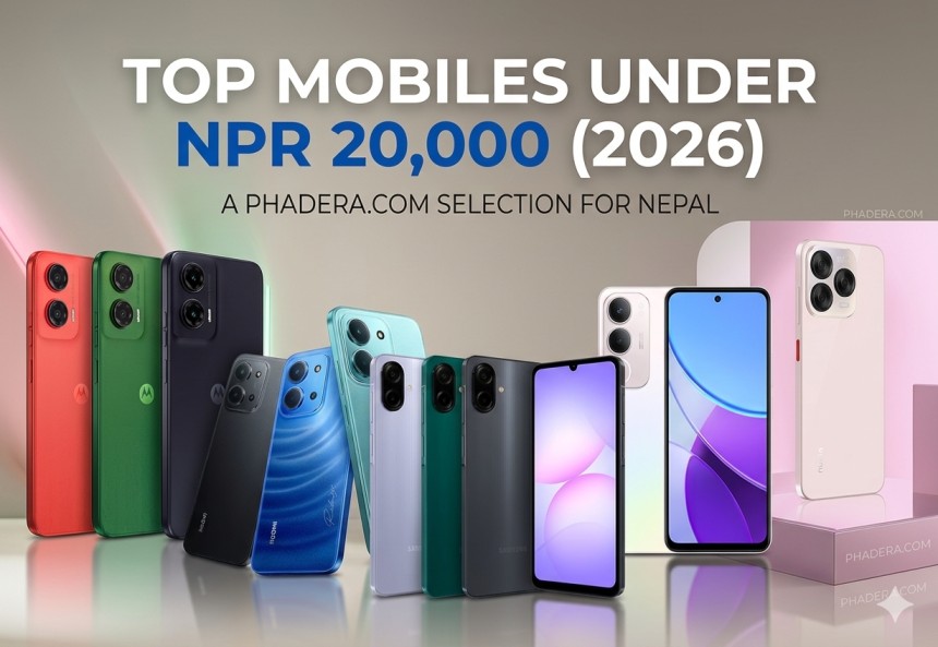 A comprehensive banner titled "TOP MOBILES UNDER NPR 20,000 (2026)" featuring a lineup of Motorola, Redmi, Samsung, Vivo, and Nubia smartphones.