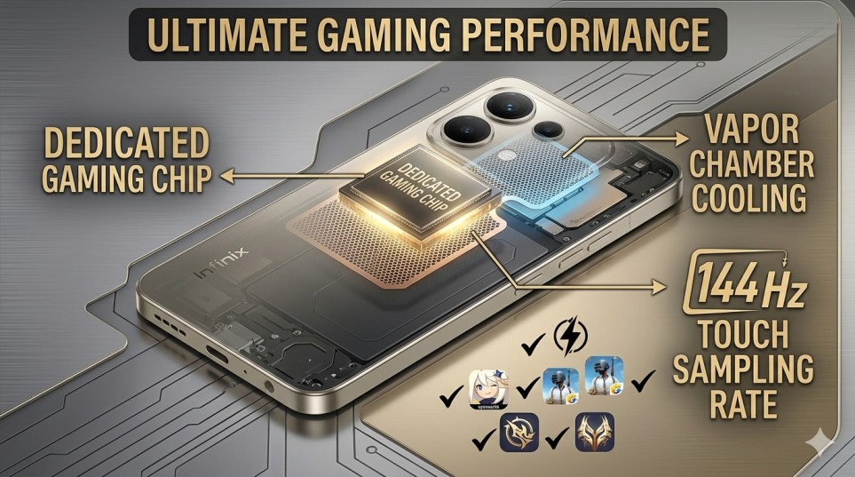 Internal view of Infinix Note 60 Pro showing dedicated gaming chip and vapor chamber cooling system.