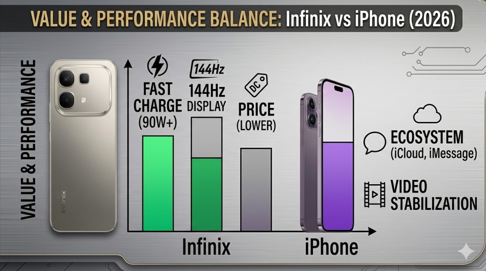 Infographic comparing Infinix Note 60 Pro value features against iPhone ecosystem advantages.