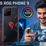 ASUS ROG Phone 9 gaming smartphone feature highlights including overclocked chip, airtriggers, and Aura RGB lighting, with a person playing an intense action game.