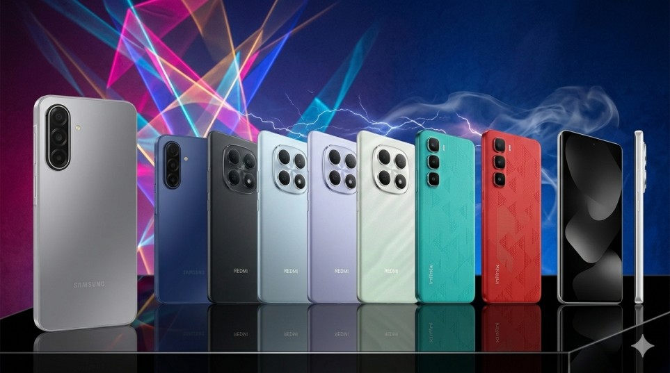 A colorful promotional banner featuring a variety of Samsung, Redmi, and Infinix smartphones lined up against a vibrant background of neon light beams and smoke