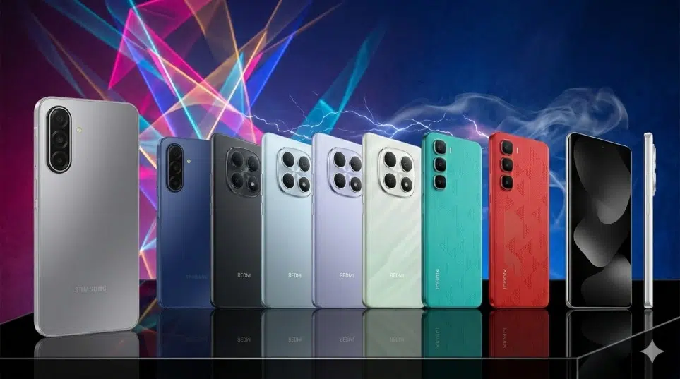 A colorful promotional banner featuring a variety of Samsung, Redmi, and Infinix smartphones lined up against a vibrant background of neon light beams and smoke