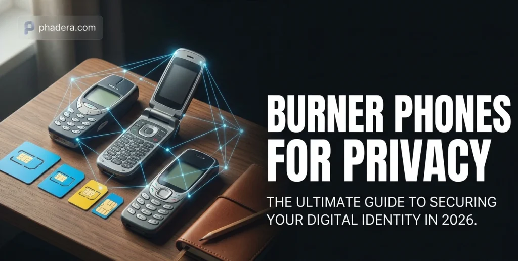 A collection of classic feature phones and SIM cards on a wooden desk with a digital privacy network graphic for a burner phone guide on phadera.com.