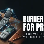 A collection of classic feature phones and SIM cards on a wooden desk with a digital privacy network graphic for a burner phone guide on phadera.com.