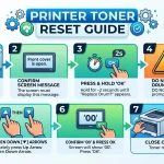 A 7-step infographic showing how to reset a printer toner by opening the front cover, holding the OK button, and using arrow keys.