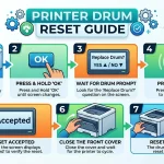 An infographic illustrating the 7 steps to reset a printer drum, including the "Replace Drum?" prompt and the "Accepted" confirmation screen.
