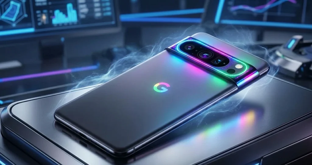 A high-tech concept image of the Google Pixel 11 Pro showcasing the rumored RGB 'Pixel Glow' LED array integrated into the camera bar.