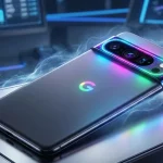 A high-tech concept image of the Google Pixel 11 Pro showcasing the rumored RGB 'Pixel Glow' LED array integrated into the camera bar.