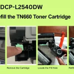 Brother DCP-L2540DW Maintenance Guide Four real-life photos showing the process of opening a Brother printer cover, removing the TN660 cartridge, locating the fill hole, and refilling it with toner.