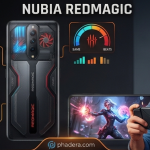 Nubia RedMagic gaming phone with integrated cooling turbine, game performance graphs, and performance meter, showing a gamer holding the device.