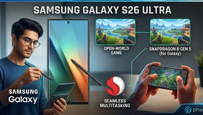 Samsung Galaxy S26 Ultra infographic showcasing open-world gameplay, Snapdragon 8 Gen 5 for Galaxy chip, and seamless multitasking with S-Pen.