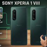 Sony Xperia 1 VIII flagship features infographic highlighting cinema-wide display, Alpha-series camera processing, and professional audio, with a user with headphones.