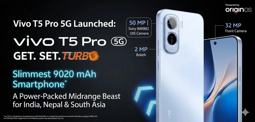 Vivo T5 Pro 5G launch banner showing the slimmest 9020 mAh smartphone with Sony IMX882 OIS camera features.