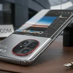 A premium Canon smartphone concept featuring Red Ring lens technology placed next to a Canon EOS R5 camera.