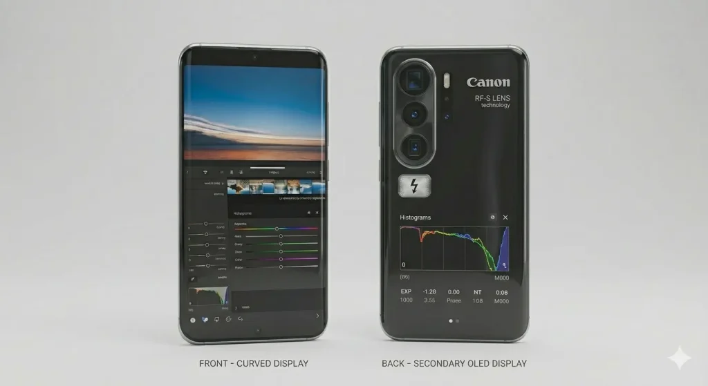 Front and back view of a Canon smartphone showing a curved front display and a secondary OLED back display with vertical triple cameras.