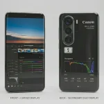Front and back view of a Canon smartphone showing a curved front display and a secondary OLED back display with vertical triple cameras.