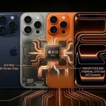 A detailed conceptual rendering showing the internal technology of new iPhones, featuring the Apple A19 Pro chip with complex copper-colored vapor cooling system pipes, labels, and performance graphs on a futuristic circuit board background.
