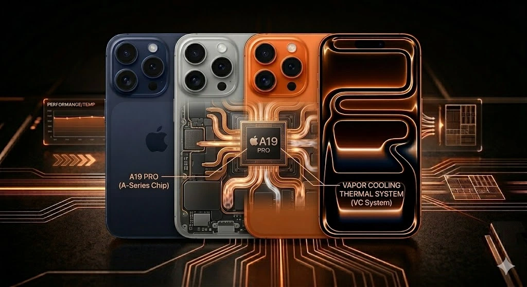 A detailed conceptual rendering showing the internal technology of new iPhones, featuring the Apple A19 Pro chip with complex copper-colored vapor cooling system pipes, labels, and performance graphs on a futuristic circuit board background.