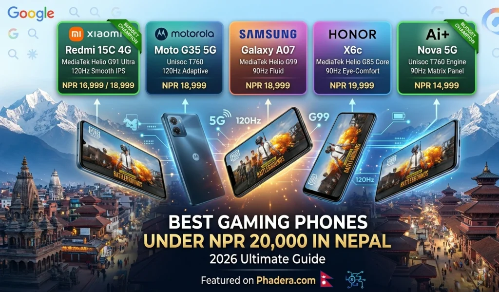 Best gaming phones under 20000 in Nepal featuring Redmi 15C, Moto G35, Samsung Galaxy A07, Honor X6c, and Ai+ Nova 5G comparison infographic.