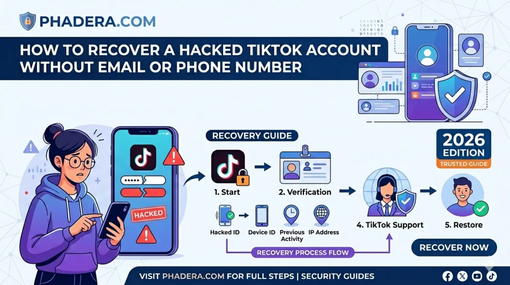 A visual step-by-step recovery guide flowchart for TikTok accounts without email or phone number ownership verification process.