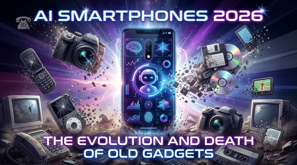 A glowing AI smartphone floating above a detailed graveyard of obsolete electronics including old CRT monitors, cassette tapes, landline phones, and digital cameras, featuring the title "AI Smartphones 2026: The Evolution and Death of Old Gadgets".