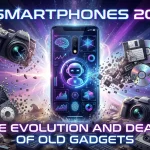 A glowing AI smartphone floating above a detailed graveyard of obsolete electronics including old CRT monitors, cassette tapes, landline phones, and digital cameras, featuring the title "AI Smartphones 2026: The Evolution and Death of Old Gadgets".