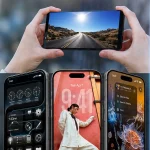 Hands holding a smartphone showing a sunset road photo, above three vertical smartphones displaying different lock and home screen layouts.