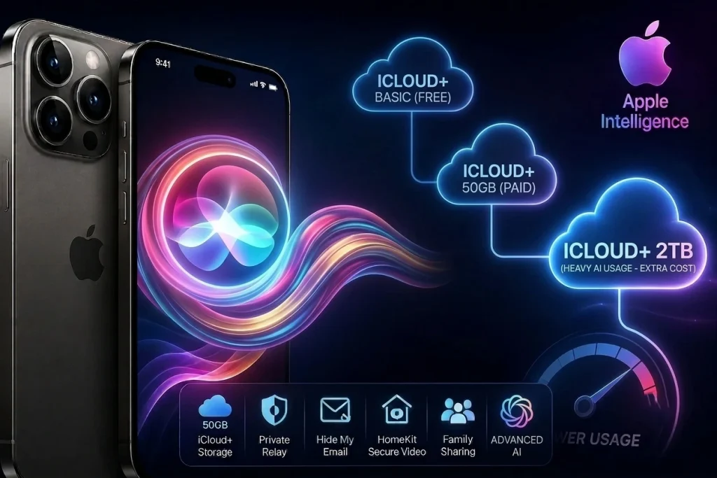 Infographic showing an iPhone displaying Apple Siri Intelligence paired with iCloud+ storage tiers and features like Private Relay and Advanced AI.