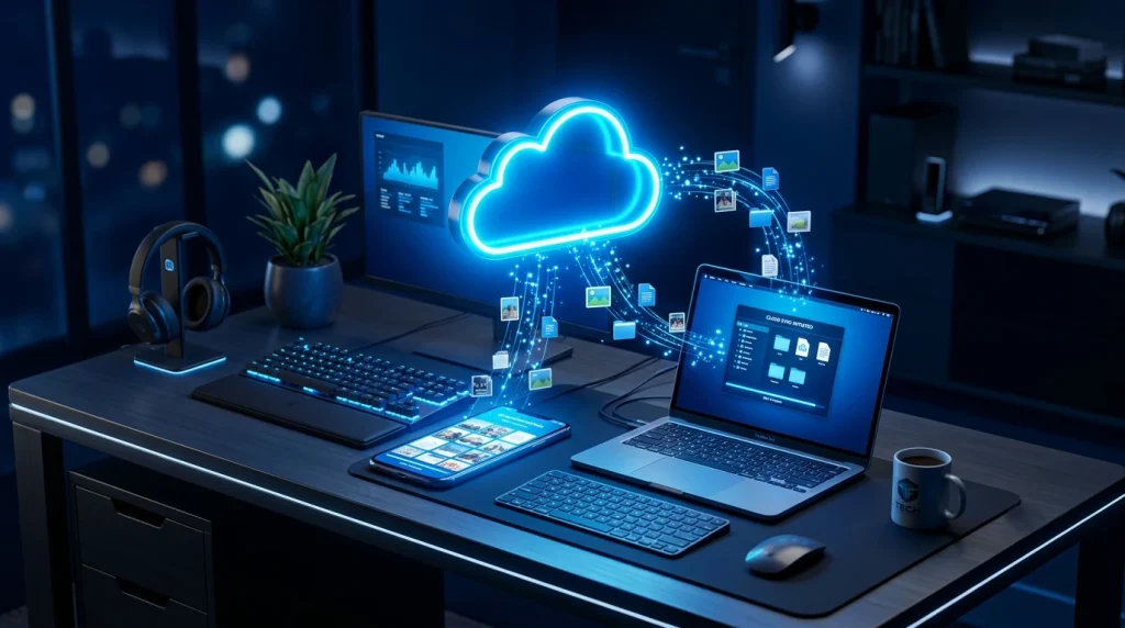 A high-tech desk setup with a laptop, smartphone, and a glowing neon blue Cloud Backup icon in the center transferring digital files and photos between devices.