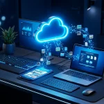 A high-tech desk setup with a laptop, smartphone, and a glowing neon blue Cloud Backup icon in the center transferring digital files and photos between devices.